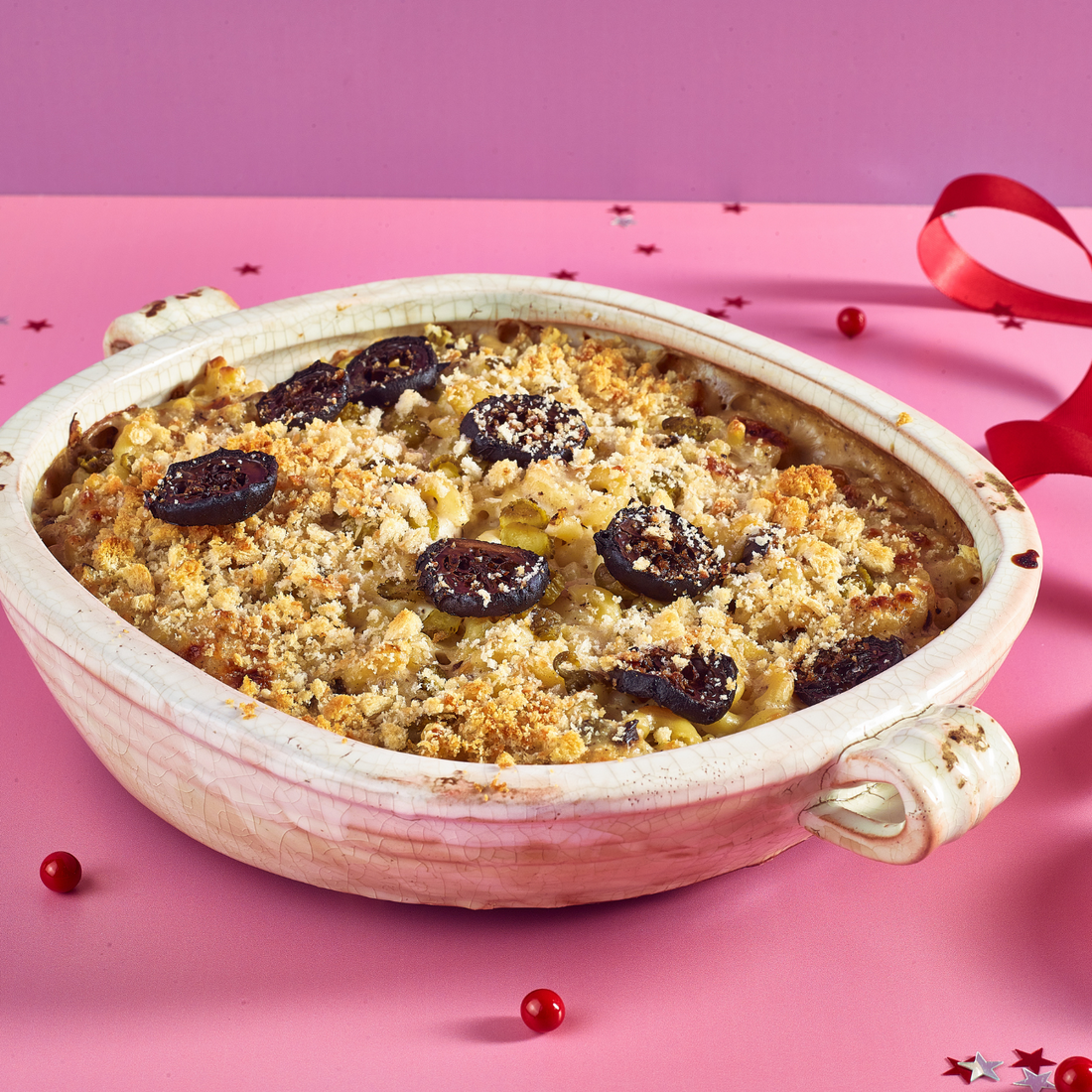 Baked Mac ‘n’ Cheese with Pickled Walnuts & Mini Gherkins
