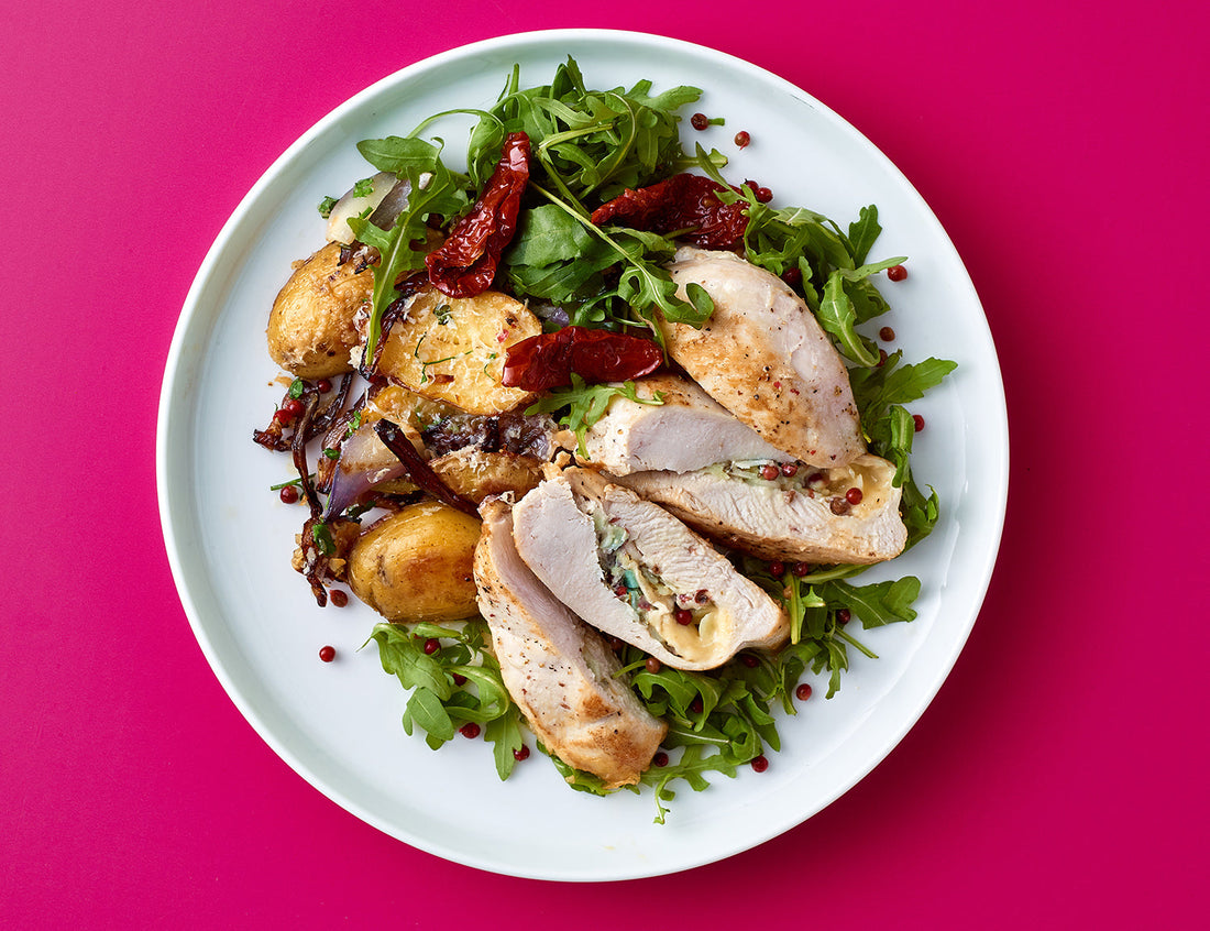 Chicken breast with pink peppercorns and brie