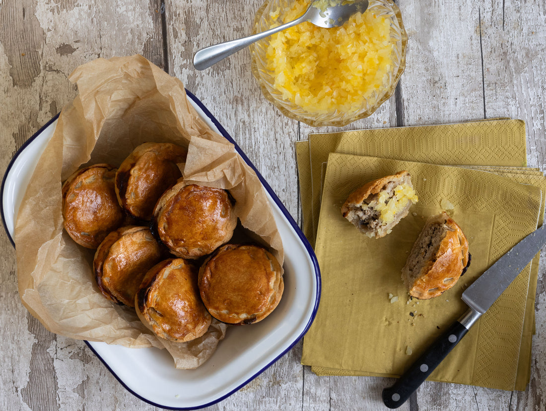 Mini Pork Pies with Turmeric Pickled Onion Relish