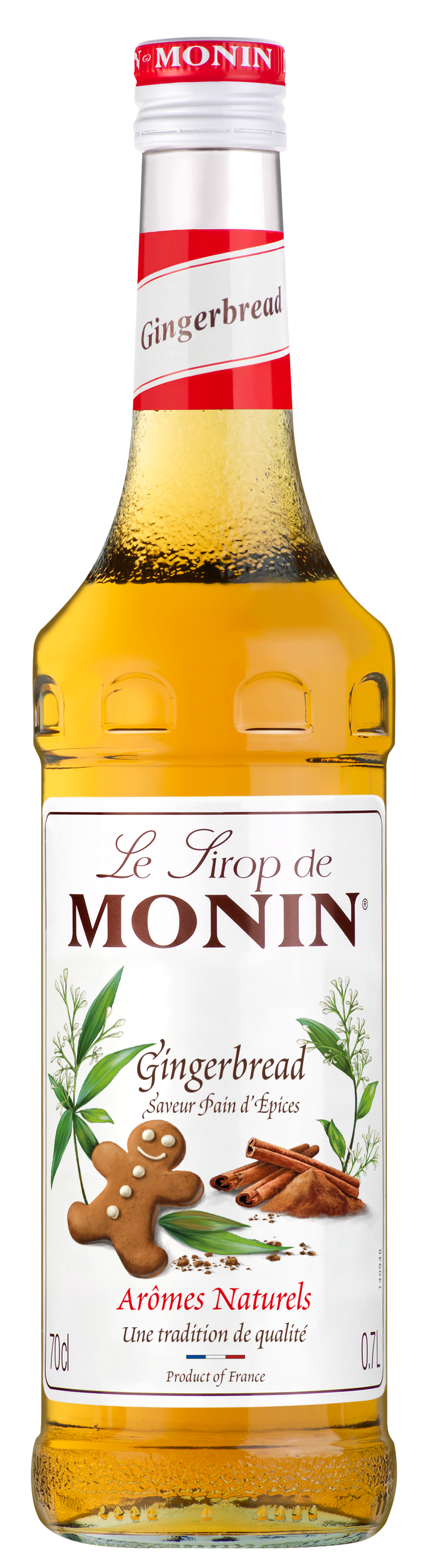 A 70cl bottle of MONIN Gingerbread Syrup, ideal for infusing a festive flavor into your coffees. The label displays "Le Sirop de MONIN" at the top, followed by "Gingerbread" and "Arômes Naturels," featuring an image of a gingerbread cookie and spices with golden brown syrup inside.