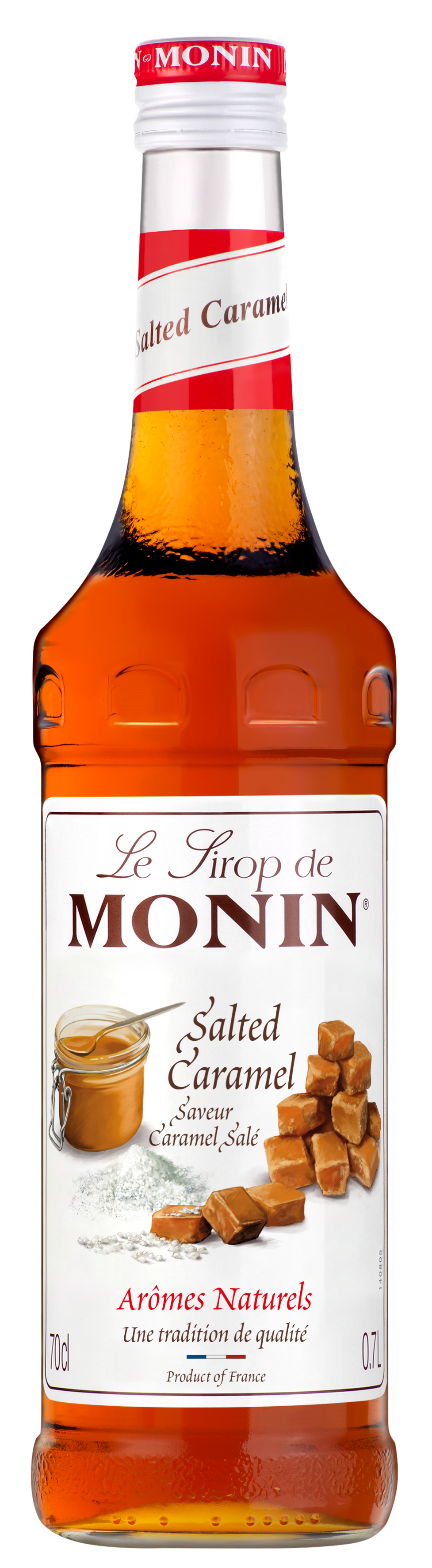 A 700ml bottle of MONIN Salted Caramel Syrup. The label displays caramel squares and a jar of caramel, with text in both French and English, including "Salted Caramel" and "Arômes Naturels." Ideal for enhancing beverages like coffees, the bottle is topped with a red cap featuring the brand name "MONIN.