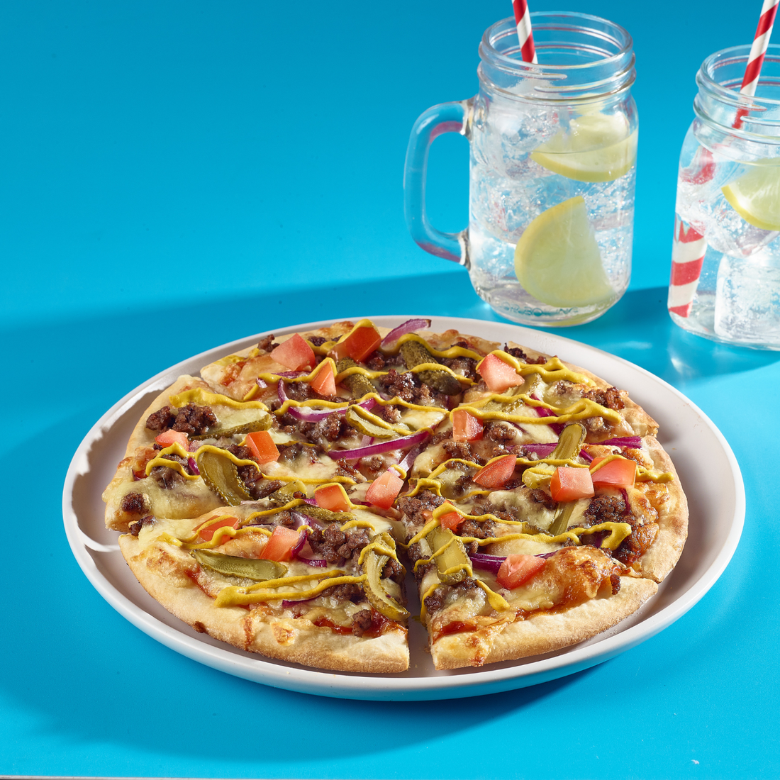 Cheeseburger Pizza with Opies Mini Gherkins