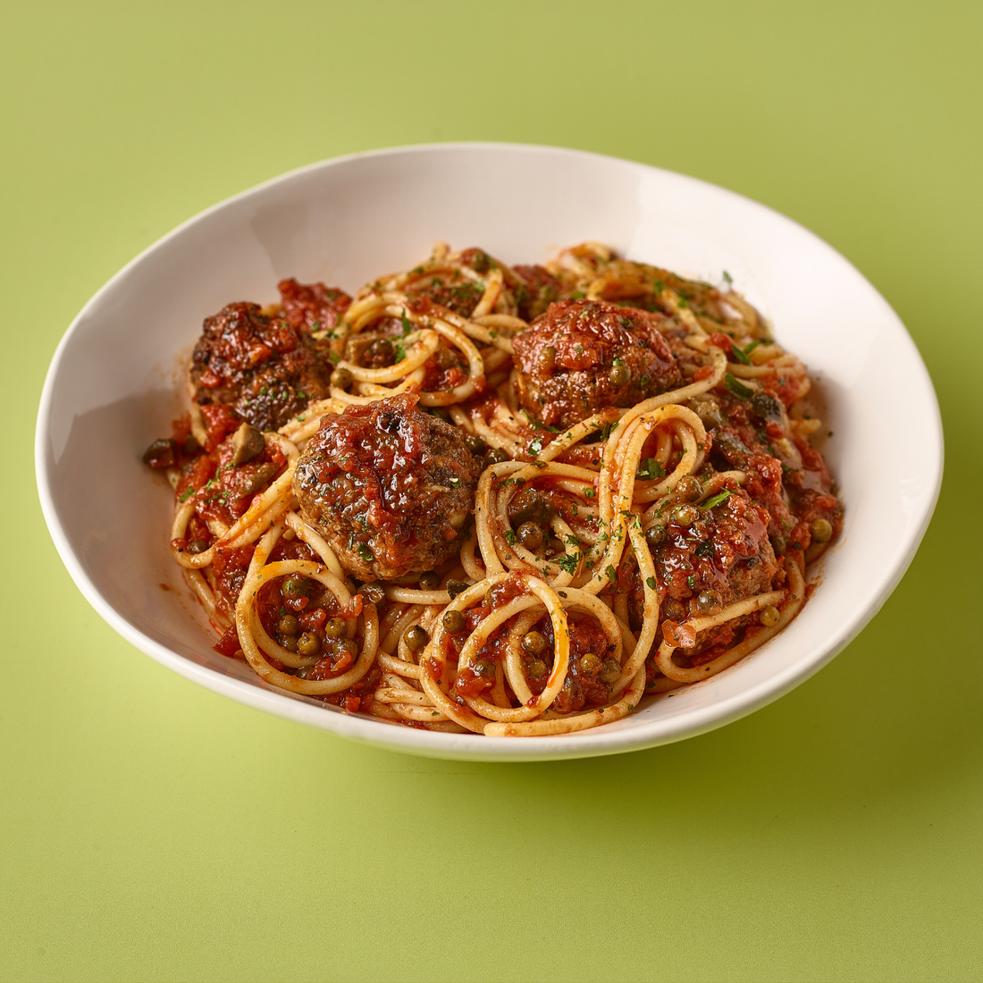 Pickled Walnut Meatballs with Tomato & Green Peppercorn Sauce