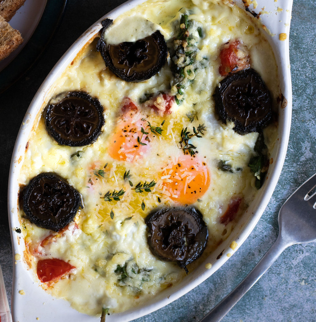 Cheesy Baked Eggs with Pickled Walnuts