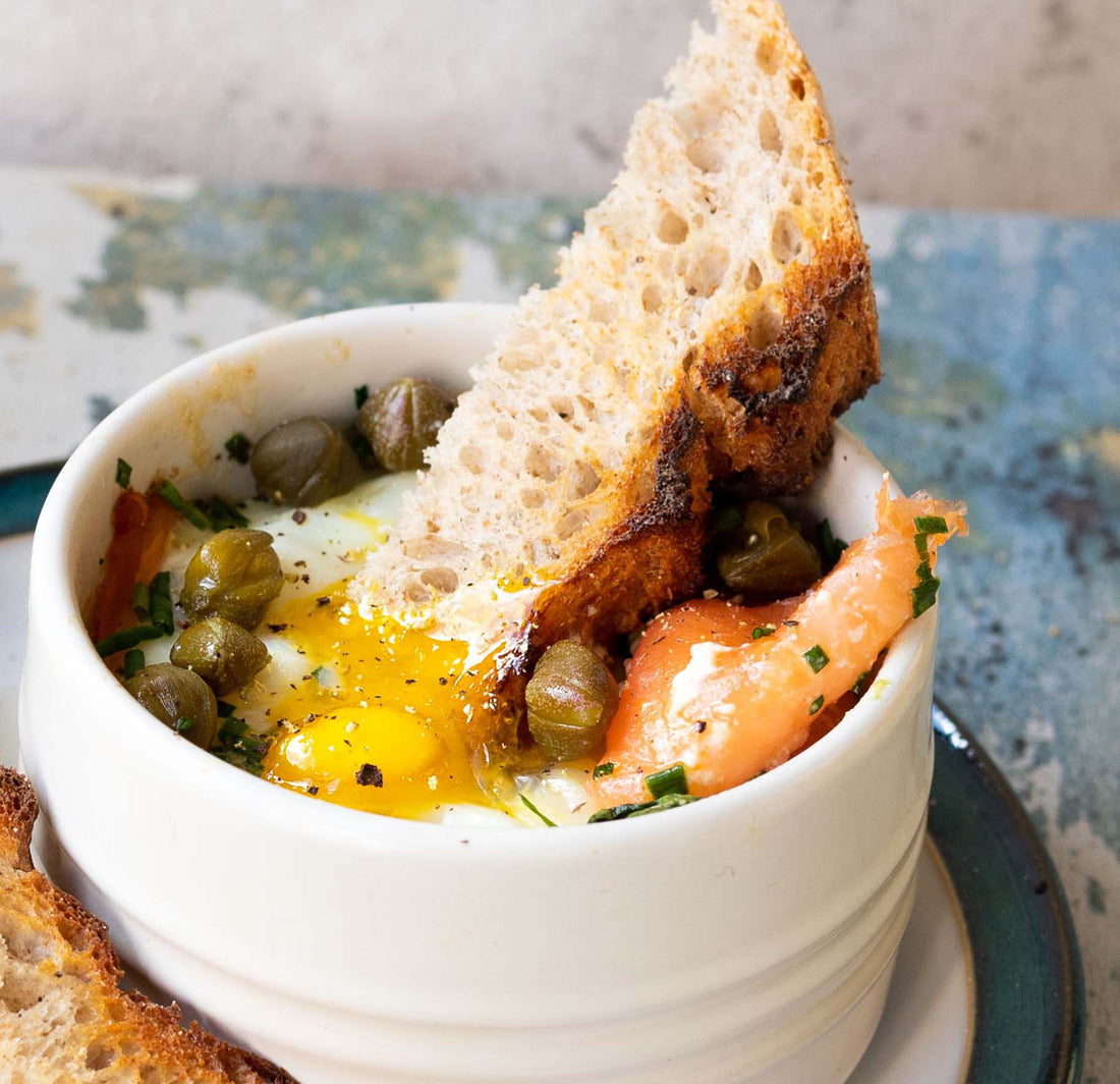 Creamy Baked Eggs with Smoked Salmon and Capers