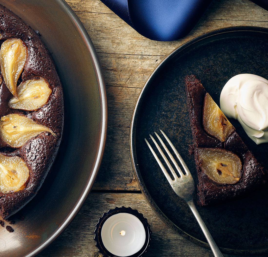 Flourless Chocolate & Pear Torte with Amaretto Cream