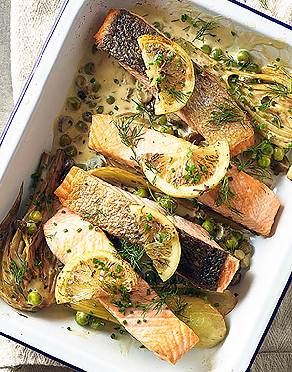 Lemon Roast Salmon with Fennel, Caper and Gherkin Butter Sauce