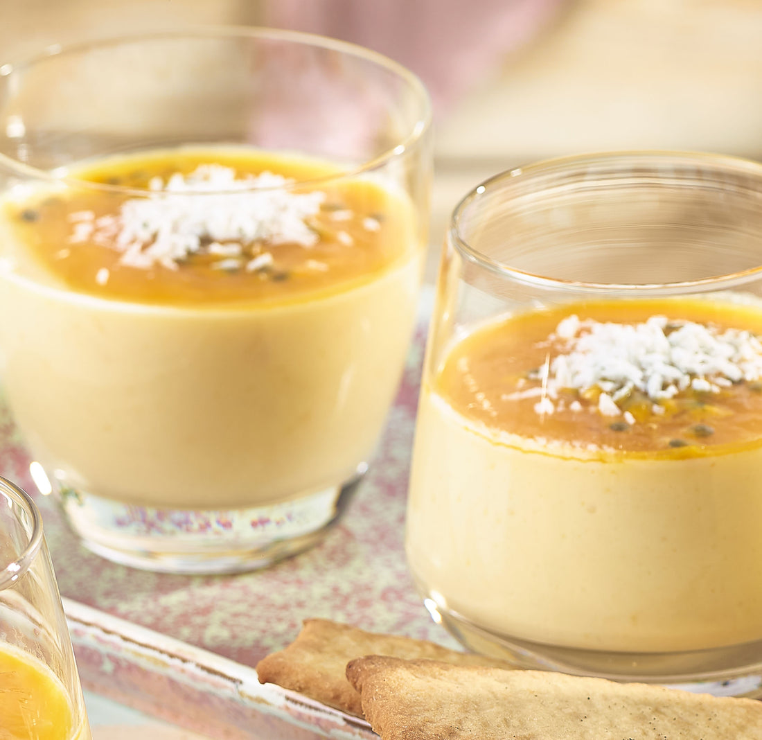 Mango and Passion Fruit Possets with Coconut Biscuits
