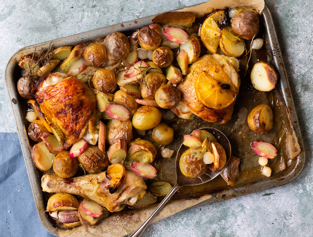 Chicken Rhubarb and Potato Traybake with Lemon and Cocktail Onions