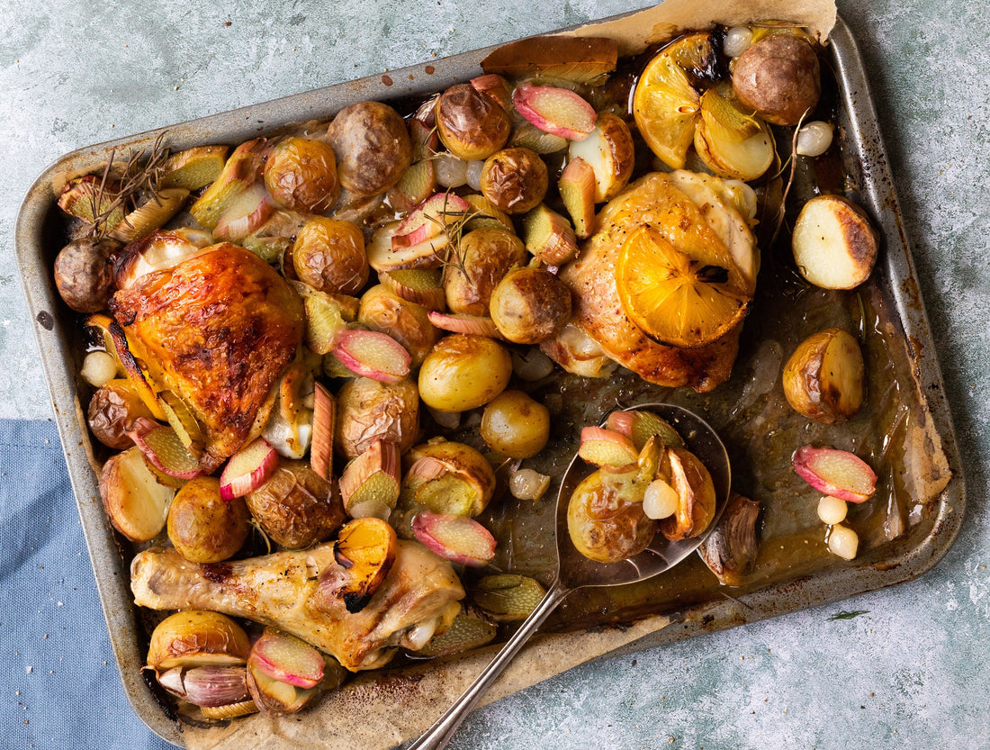 Chicken, Rhubarb and Potato Traybake with Lemon and Mini Silverskin Onions