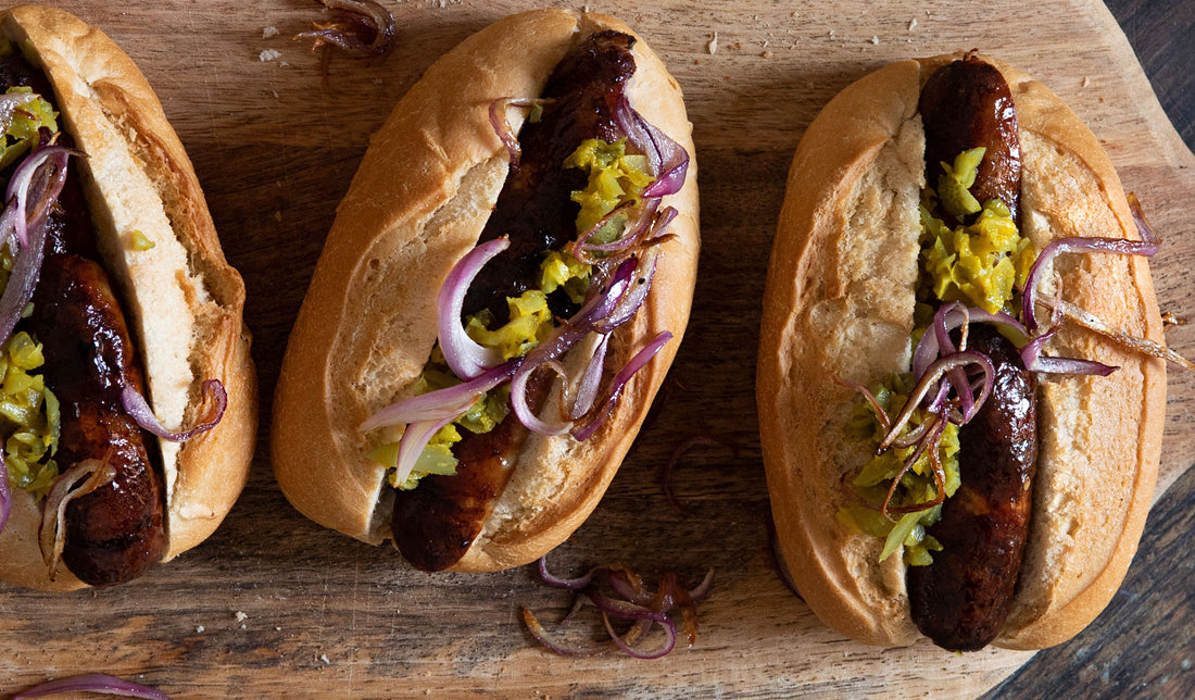 Sticky Ginger Glazed Hot Dogs with Gherkin Relish