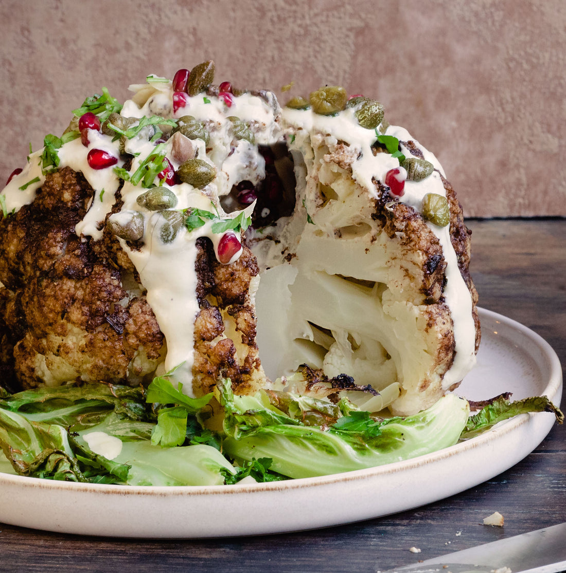 Whole Roasted Cauliflower with Tahini and Capers