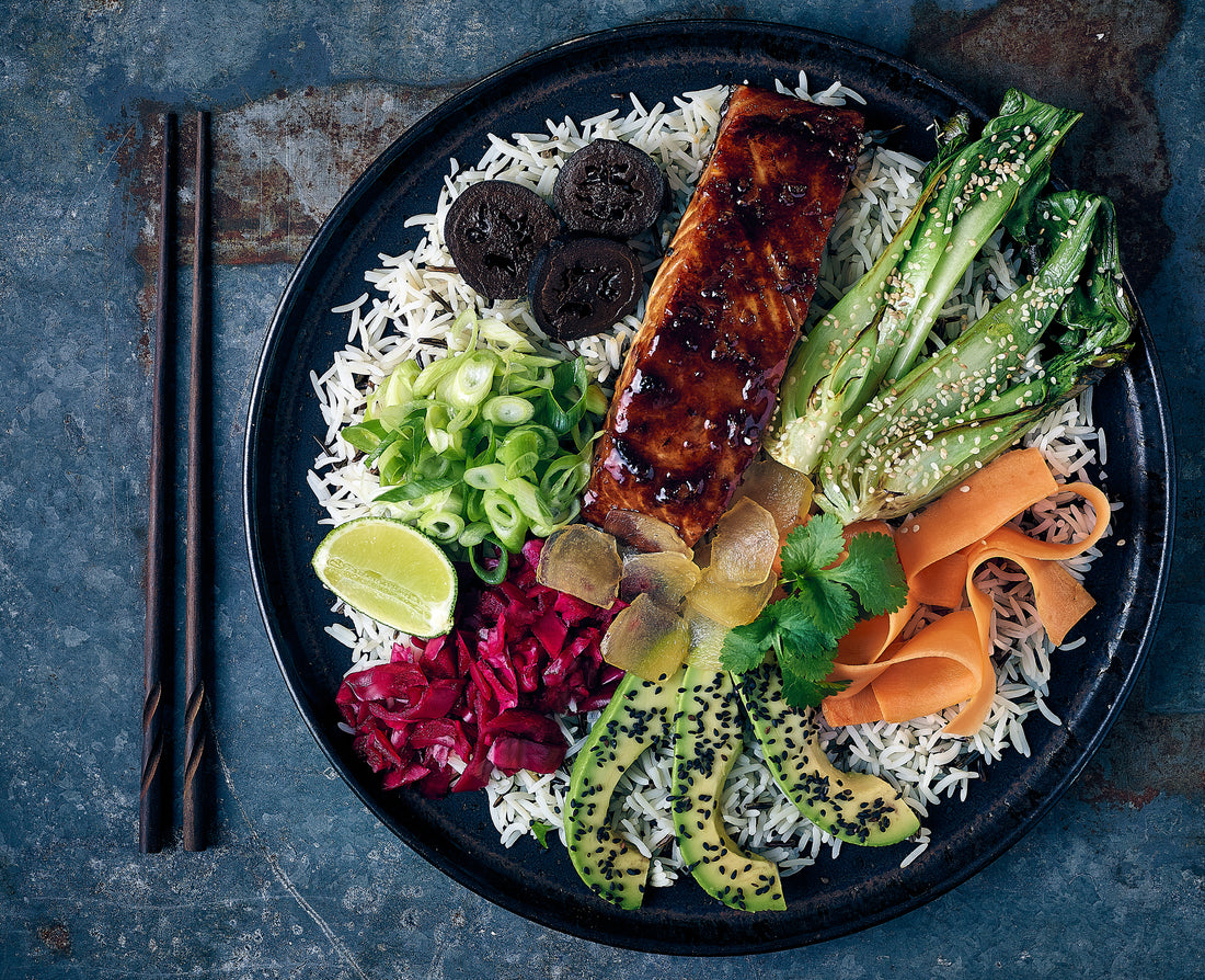 Ginger Glazed Salmon Rainbow Rice Bowl