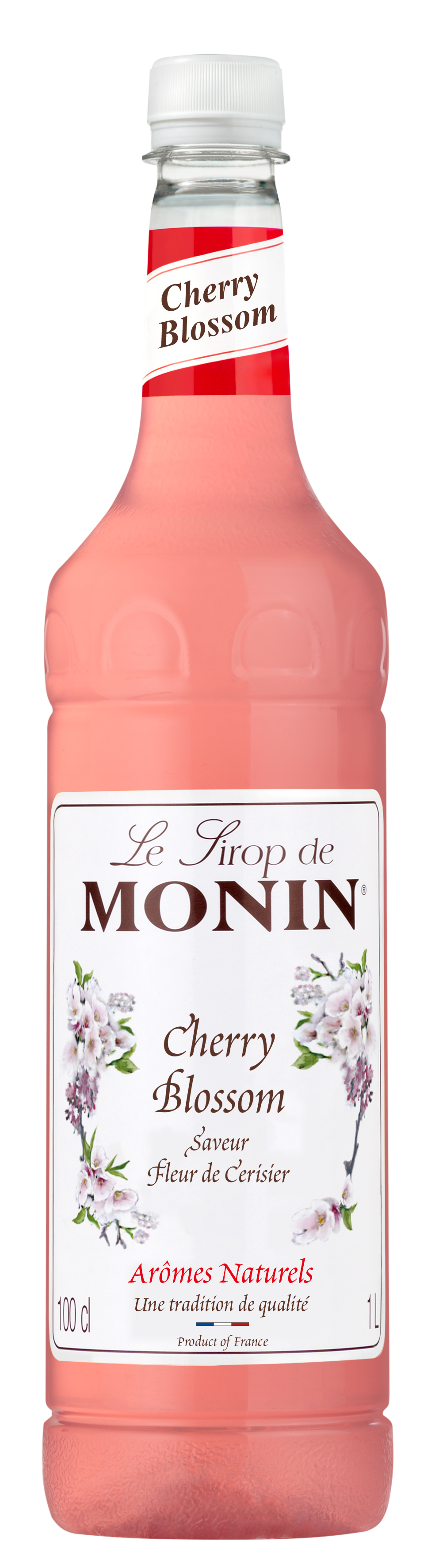 A 1-liter bottle of MONIN Cherry Blossom syrup, showcasing a pink liquid and adorned with a white label featuring floral illustrations and text in both English and French. Embrace Japanese values with "Le Sirop de MONIN Cherry Blossom," proudly highlighting "Arômes Naturels" and "Product of France." Perfect for your O-Hanami celebrations.