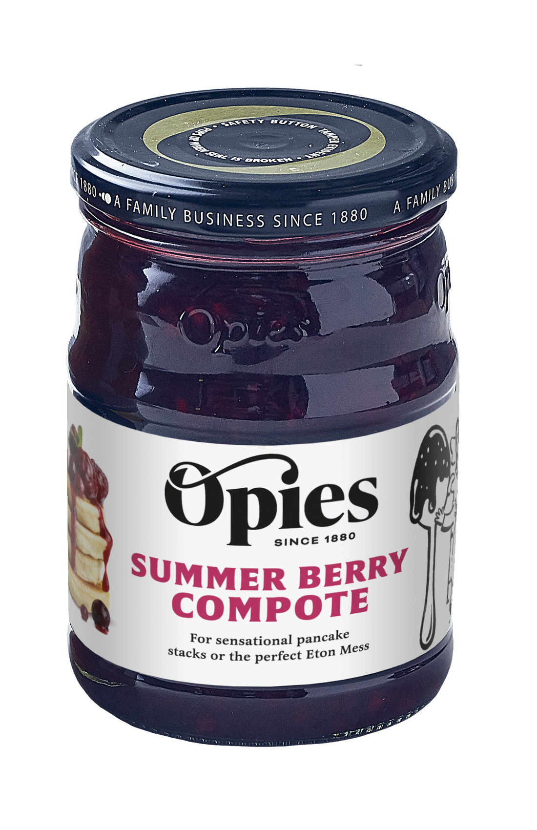 A jar of Opies Summer Berry Compote is pictured. The label showcases an illustration of a dessert along with the text, "For sensational pancake stacks or the perfect Eton Mess." Ideal for the discerning kitchen, it promises berry flavours that elevate any dish. The lid highlights, "A family business since 1880.