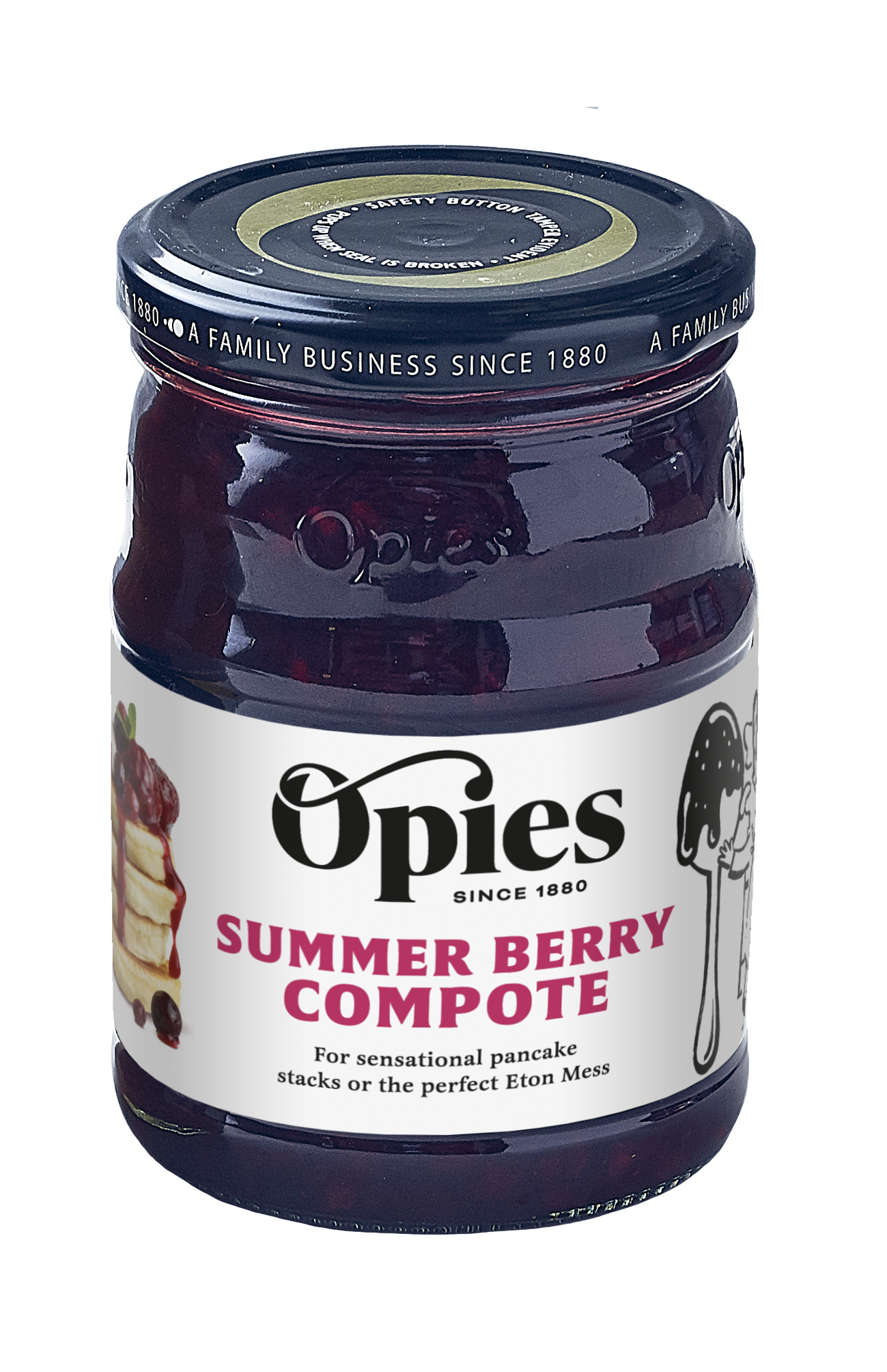 A jar of Opies Summer Berry Compote is pictured. The label showcases an illustration of a dessert along with the text, "For sensational pancake stacks or the perfect Eton Mess." Ideal for the discerning kitchen, it promises berry flavours that elevate any dish. The lid highlights, "A family business since 1880.