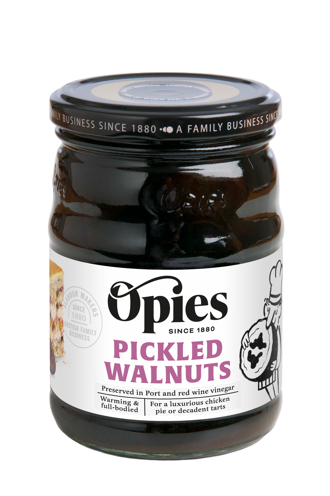 A jar of Opies Pickled Walnuts in Port. The label reads "Opies Pickled Walnuts In Port. Preserved in Ruby Port and red wine vinegar. Warming & full-bodied. For a luxurious chicken pie or decadent tarts." The label features an illustration of a chef carrying a dish.