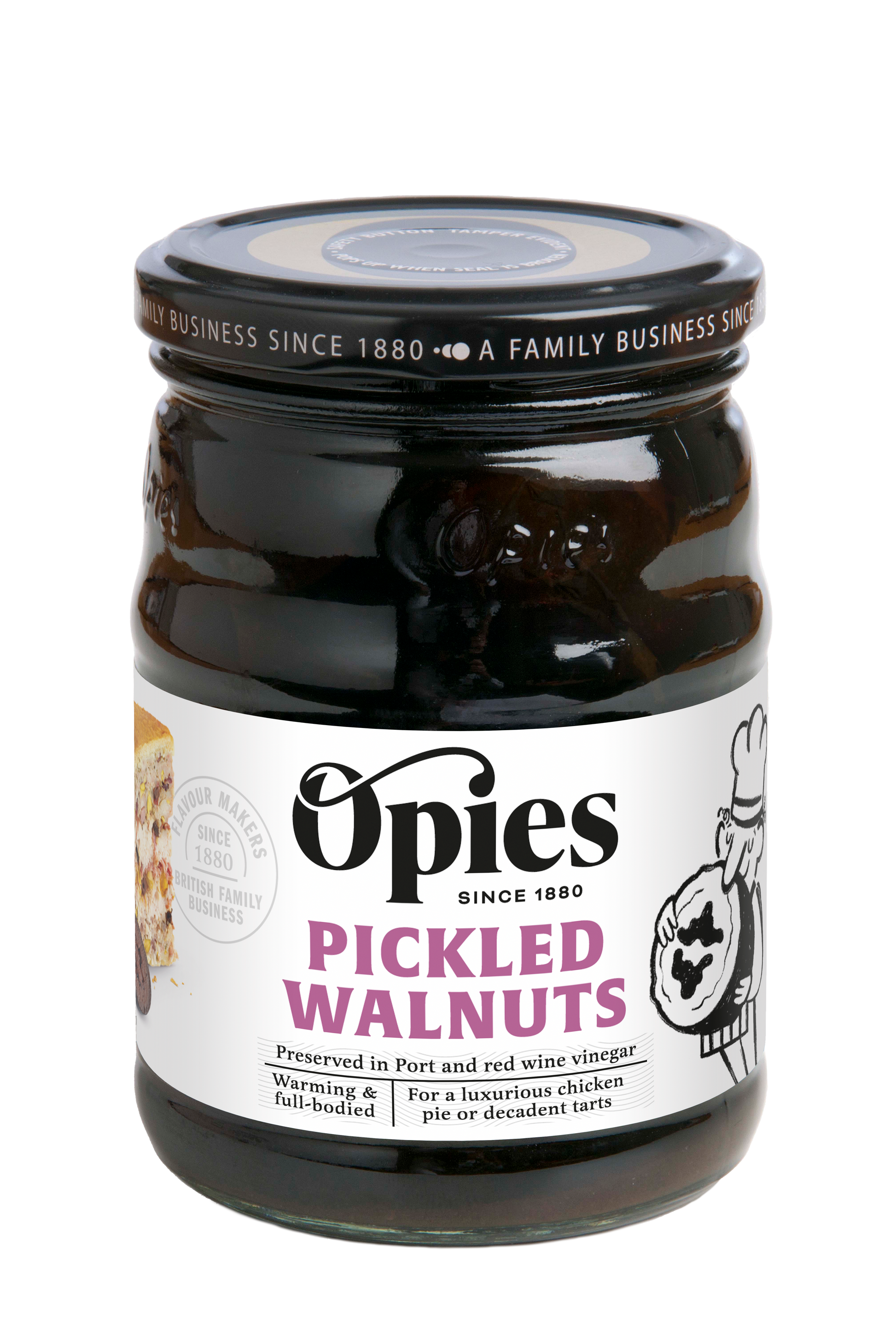 A jar of Opies Pickled Walnuts in Port. The label reads "Opies Pickled Walnuts In Port. Preserved in Ruby Port and red wine vinegar. Warming & full-bodied. For a luxurious chicken pie or decadent tarts." The label features an illustration of a chef carrying a dish.