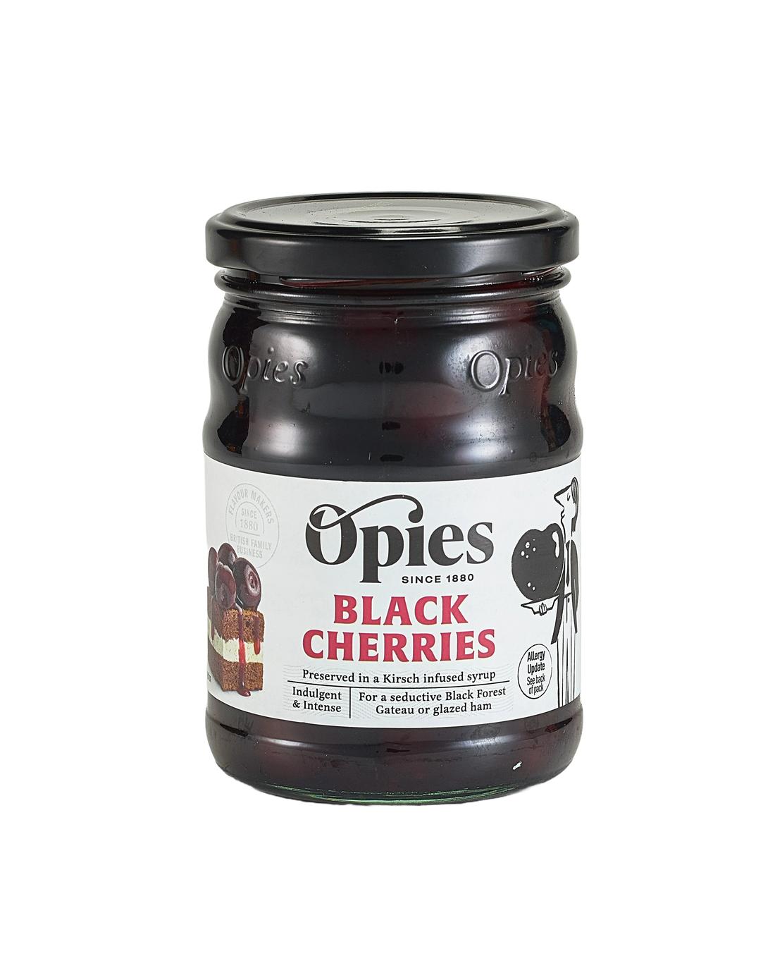 A jar of Opies Black Cherries With Kirsch, a luxurious treat featuring cherries preserved in Kirsch-infused syrup. The label displays enticing images of cherries and desserts, with text emphasizing its perfect use to adorn cakes or elevate indulgent desserts such as Black Forest gateau or glazed ham. The jar boasts a black lid and a transparent glass body, showcasing the rich contents within.