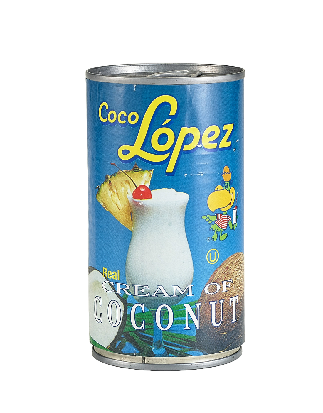 A can of Coco Lopez Cream of Coconut from the Coco Lopez brand features a blue label that depicts a tropical drink garnished with a pineapple slice and cherry. The label, enhanced with yellow and white text, also includes an illustration of a bird in a lush, tropical setting.