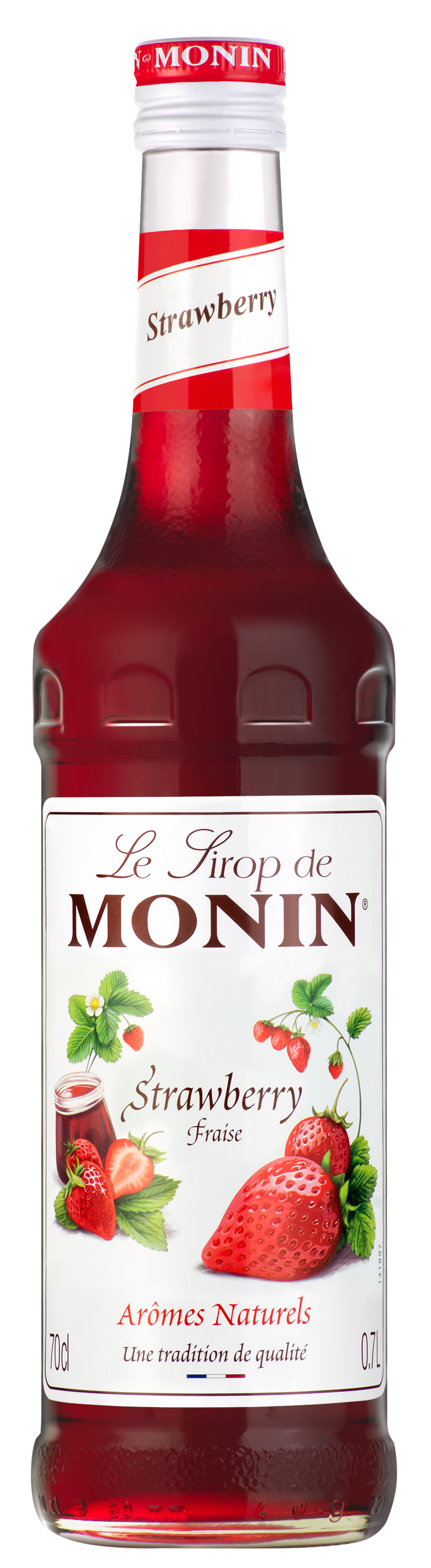 A 700ml bottle of MONIN Strawberry Syrup is perfect for enhancing beverages and mixed drinks. The label features images of strawberries and strawberry flowers, along with the text "Arômes Naturels" and "Une tradition de qualité." The bottle is topped with a red cap bearing the brand name "MONIN" in white.