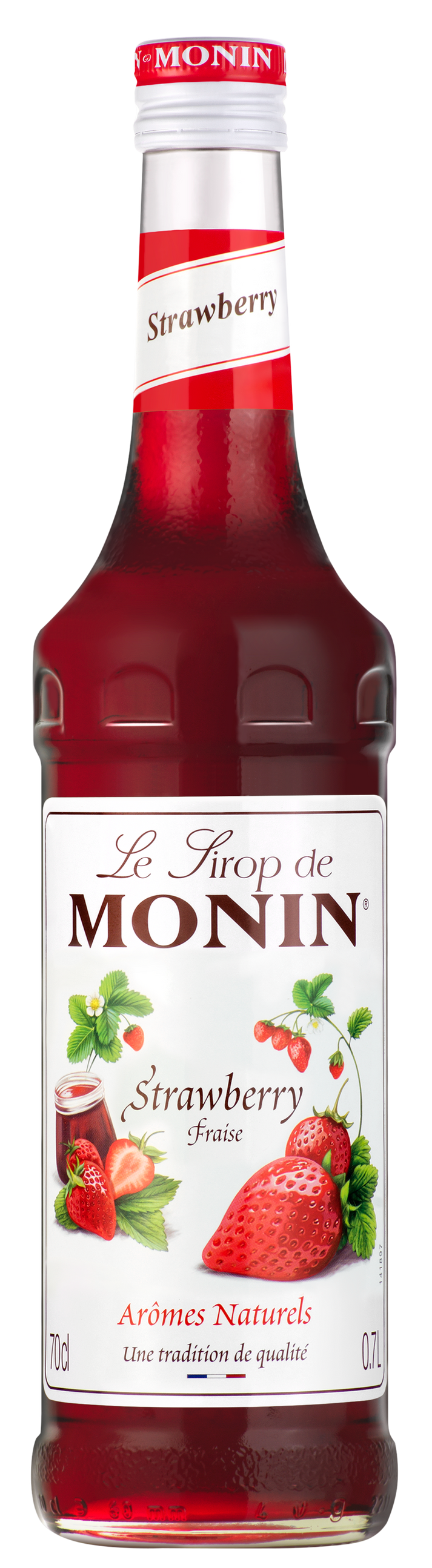 A 700ml bottle of MONIN Strawberry Syrup is perfect for enhancing beverages and mixed drinks. The label features images of strawberries and strawberry flowers, along with the text "Arômes Naturels" and "Une tradition de qualité." The bottle is topped with a red cap bearing the brand name "MONIN" in white.
