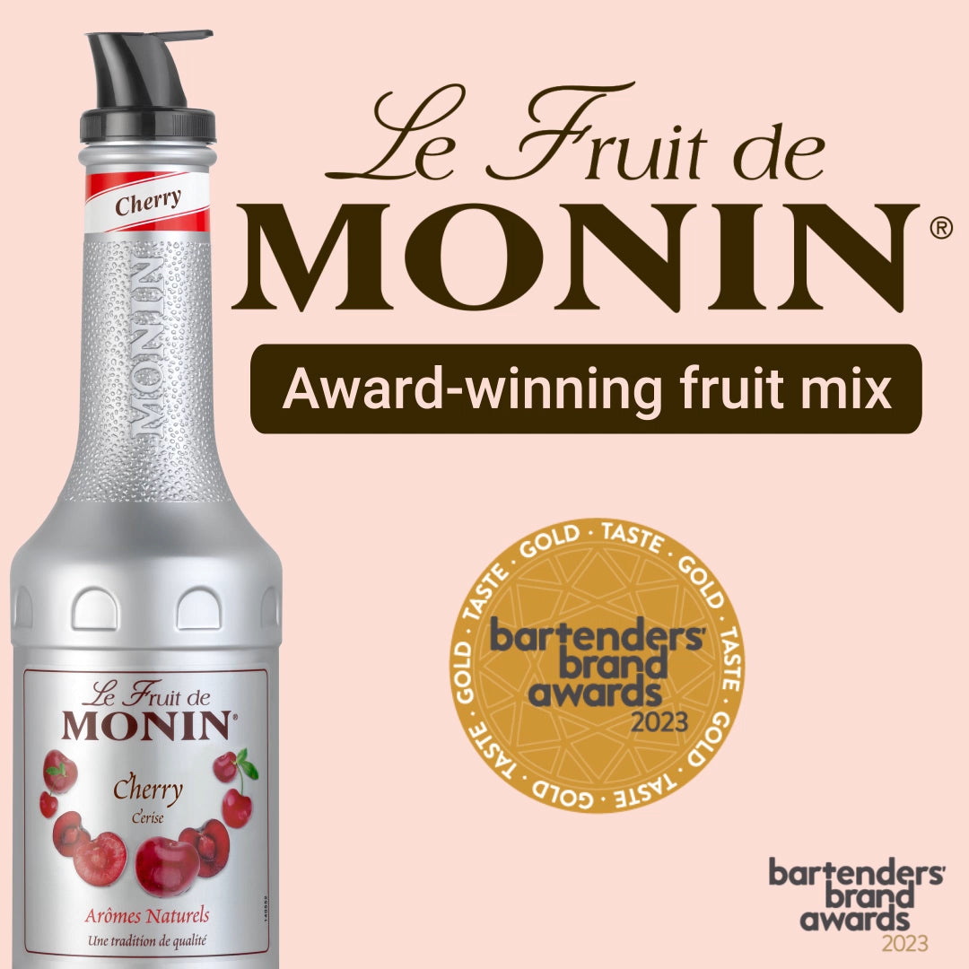 A picture of a "Le Fruit de MONIN Cherry" bottle, an award-winning fruit mix featuring the Bartenders Brand Awards 2023 medal with gold text on a beige background. The bottle comes with a convenient pump dispenser, perfect for creating cocktails and lemonades. Its label showcases ripe cherries accompanied by French text.