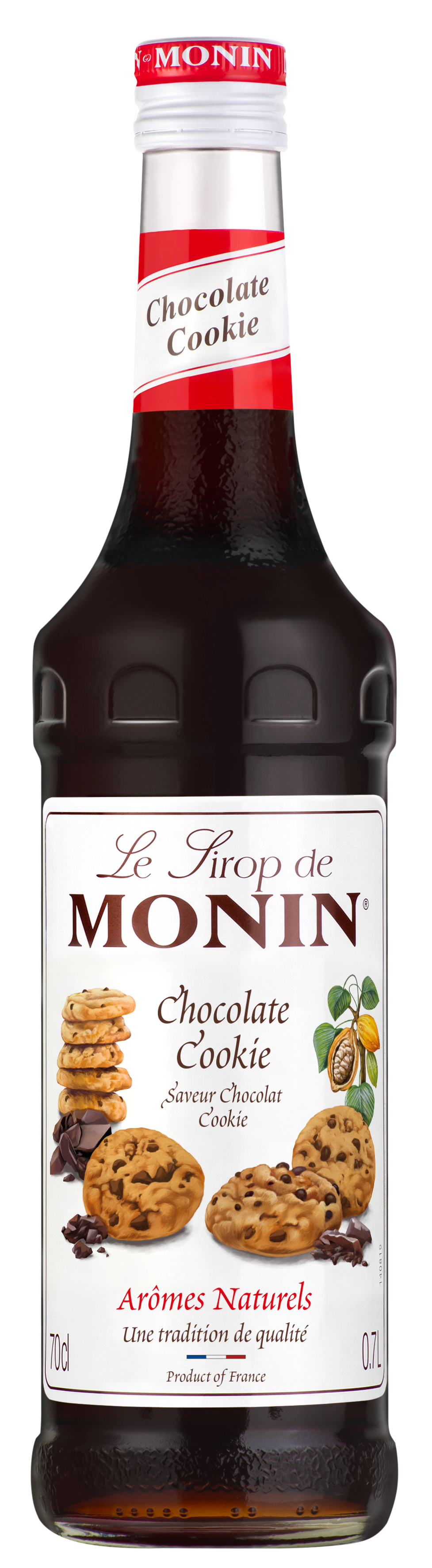 A bottle of MONIN Chocolate Cookie Syrup, ideal for elevating your iced latte or coffee, showcases images of chocolate chip cookies on the front. The 70 cl (0.7 liters) bottle proudly displays "Arômes Naturels," signifying natural flavors, and delivers an irresistible chocolate cookie taste.
