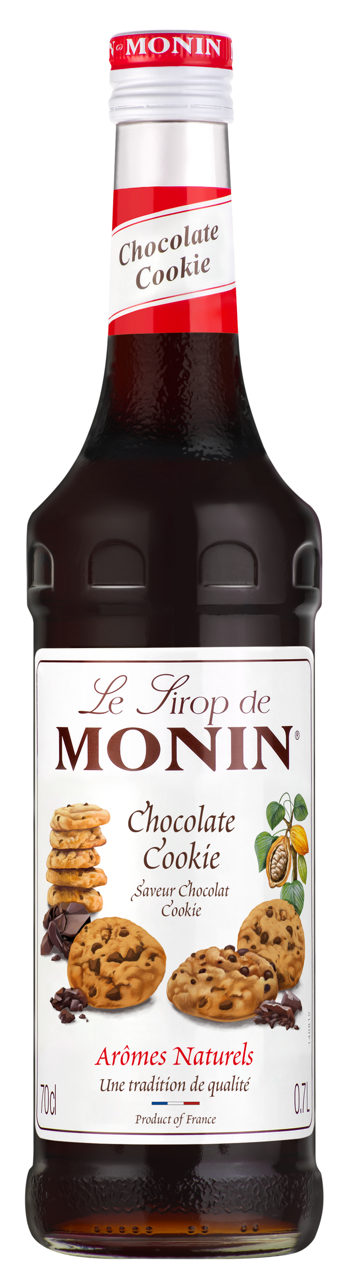 A bottle of MONIN Chocolate Cookie Syrup, ideal for elevating your iced latte or coffee, showcases images of chocolate chip cookies on the front. The 70 cl (0.7 liters) bottle proudly displays "Arômes Naturels," signifying natural flavors, and delivers an irresistible chocolate cookie taste.