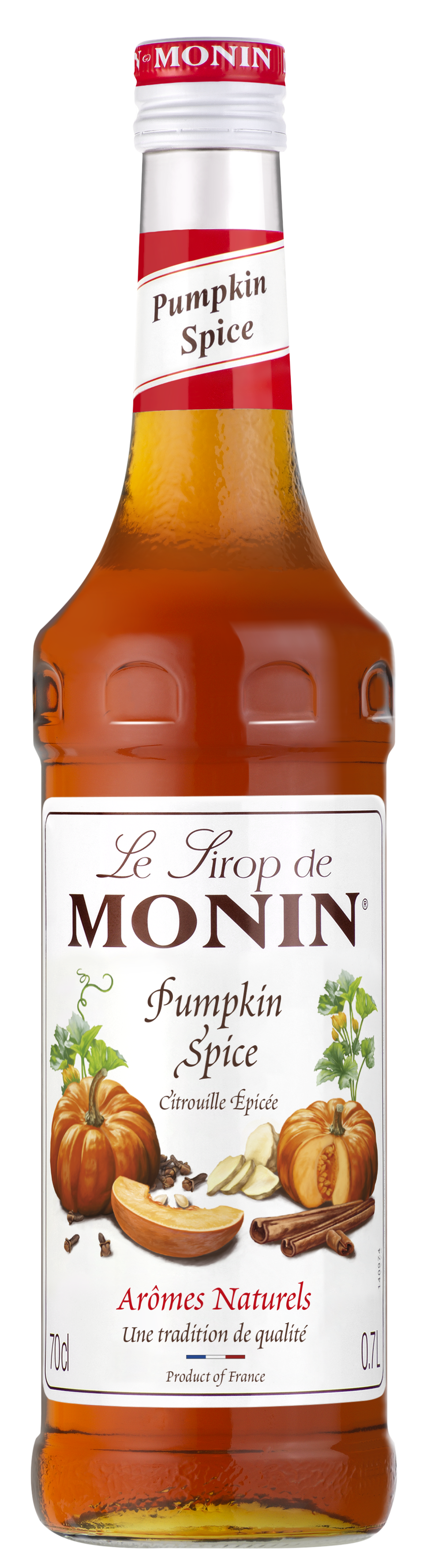 A 70 cl bottle of MONIN Pumpkin Spice Syrup. The amber-colored liquid is housed in a clear glass bottle, adorned with a label featuring pumpkins, spices, and cream. Text in English and French emphasizes the syrup's flavor and quality, making it an ideal autumnal twist for your beverages.