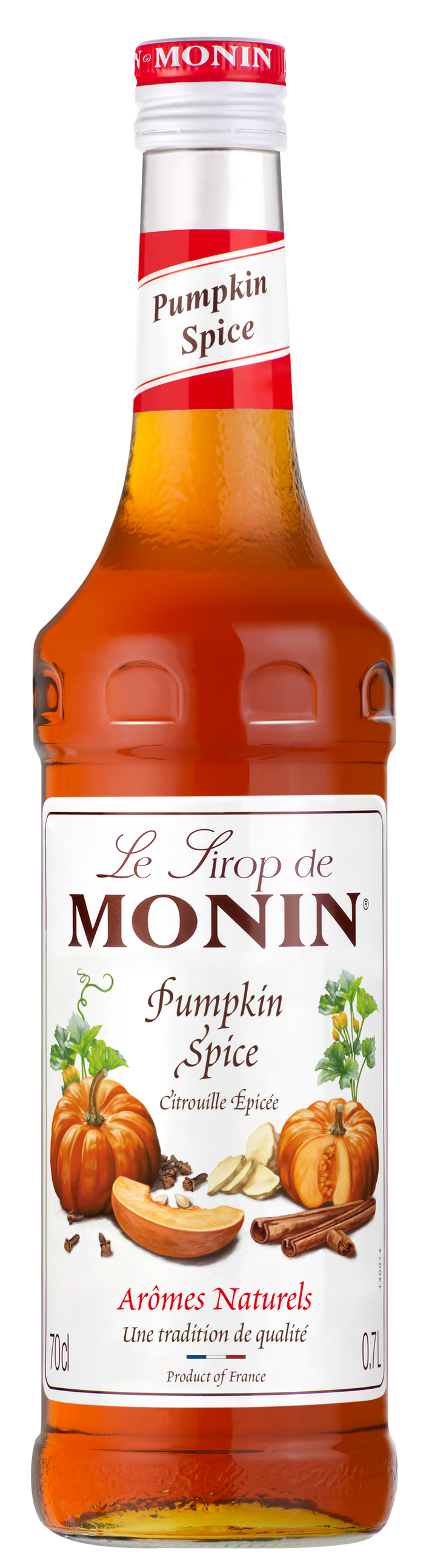 A 70 cl bottle of MONIN Pumpkin Spice Syrup. The amber-colored liquid is housed in a clear glass bottle, adorned with a label featuring pumpkins, spices, and cream. Text in English and French emphasizes the syrup's flavor and quality, making it an ideal autumnal twist for your beverages.