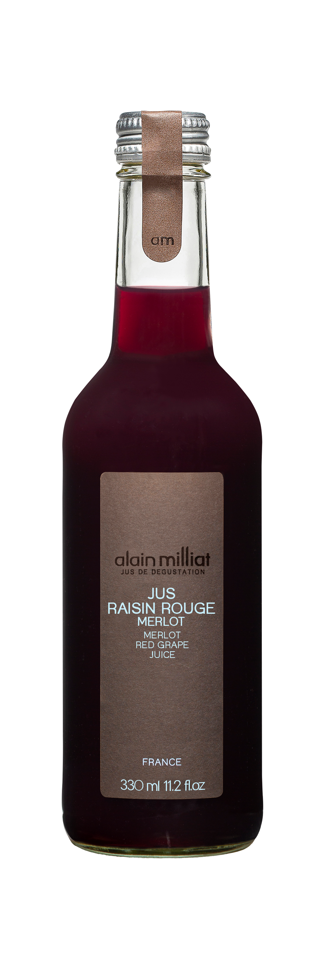 A bottle of Alain Milliat Red Merlot Grape Juice, crafted from fresh early harvest Merlot grapes with no added sugar. The 330 ml (11.2 fl oz) bottle features a sleek design with a brown and silver cap and an elegant, minimalist label.
