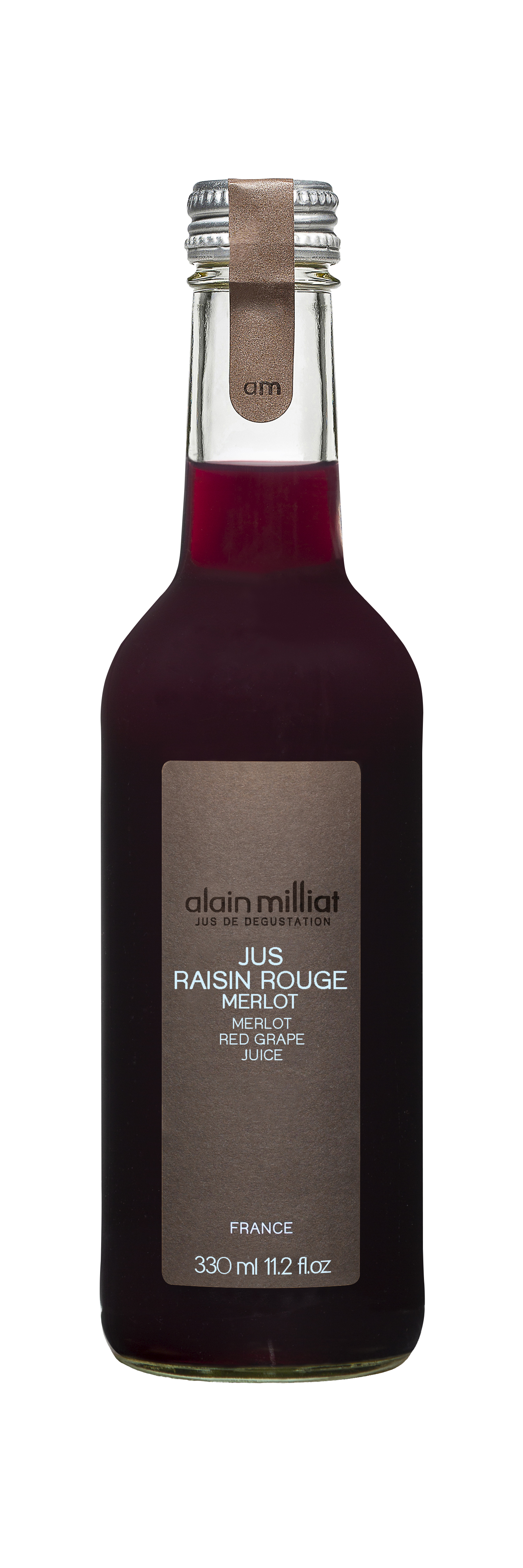 A bottle of Alain Milliat Red Merlot Grape Juice, crafted from fresh early harvest Merlot grapes with no added sugar. The 330 ml (11.2 fl oz) bottle features a sleek design with a brown and silver cap and an elegant, minimalist label.