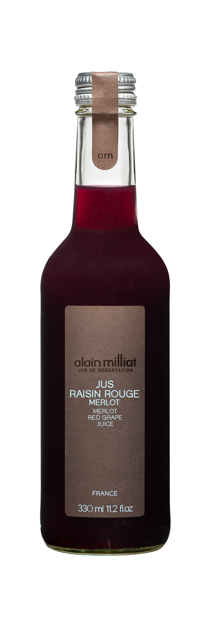 A bottle of Alain Milliat Red Merlot Grape Juice, crafted from fresh early harvest Merlot grapes with no added sugar. The 330 ml (11.2 fl oz) bottle features a sleek design with a brown and silver cap and an elegant, minimalist label.