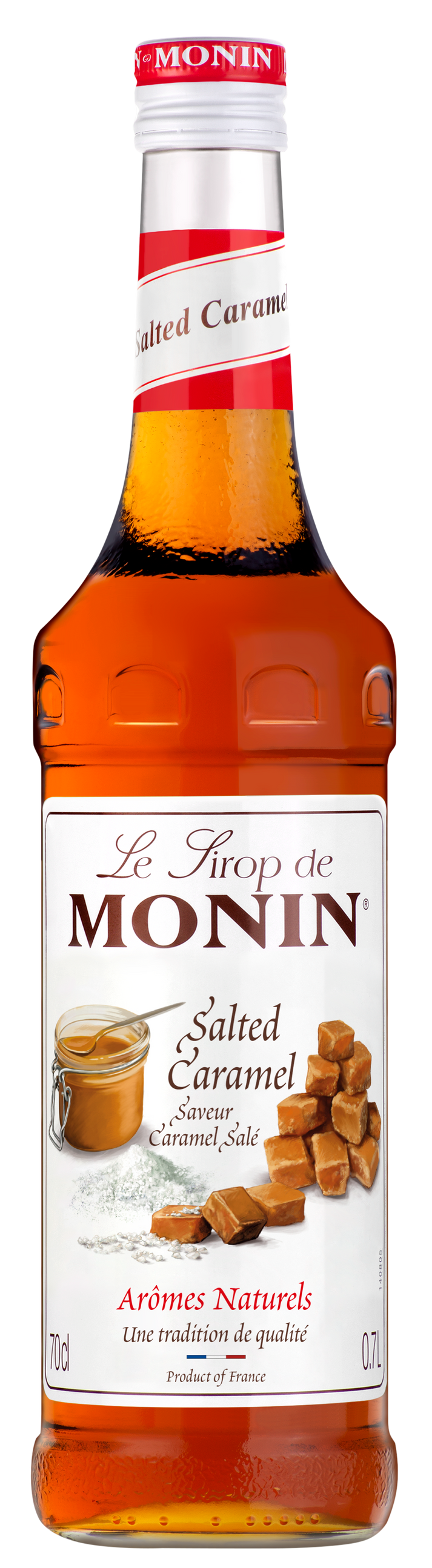 A 700ml bottle of MONIN Salted Caramel Syrup. The label displays caramel squares and a jar of caramel, with text in both French and English, including "Salted Caramel" and "Arômes Naturels." Ideal for enhancing beverages like coffees, the bottle is topped with a red cap featuring the brand name "MONIN.